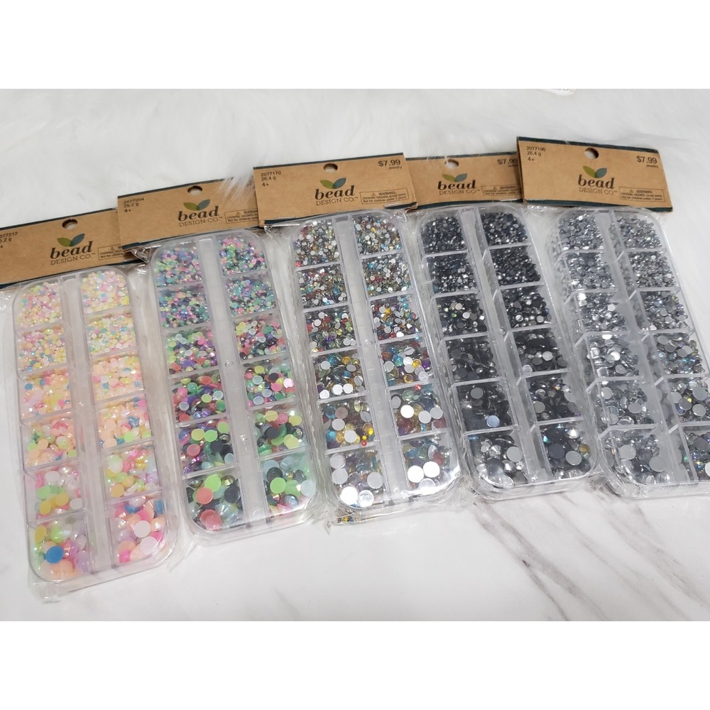 Bead Design Nail Art Rhinestones W Plastic Storage Cases Various Colors Lot Of 5